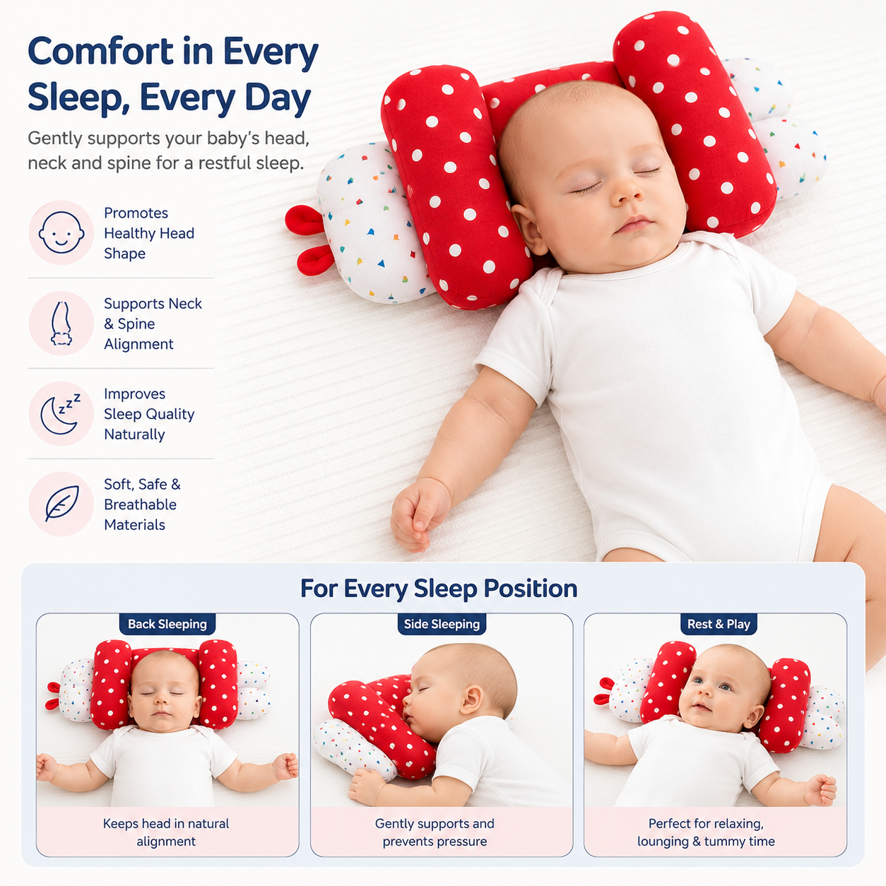 Baby Head Shaping Pillow – Ergonomic Support ( BUY ONE GET ONE FREE )